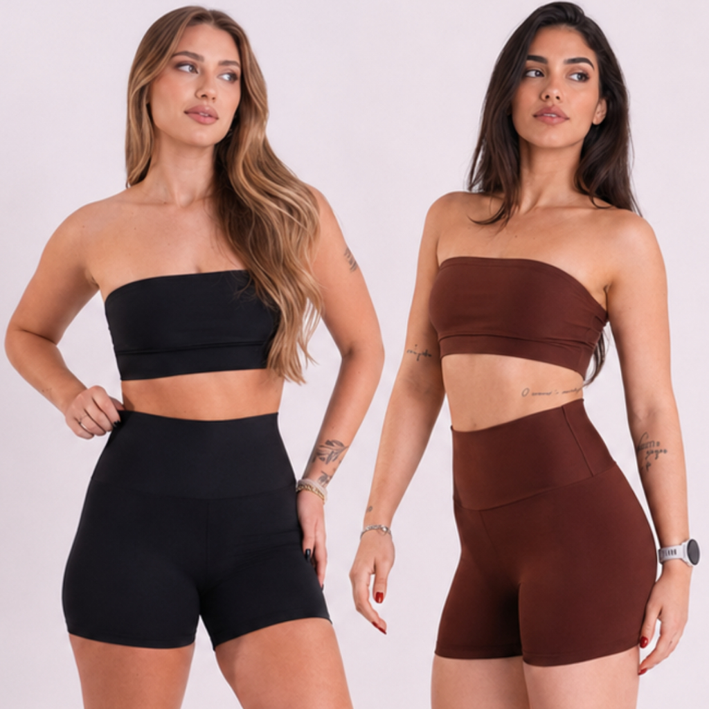 Conjunto Top Faixa Fitness Academia Feminino + Short Cintura Alta Zero Transparência Treino Suplex Premium