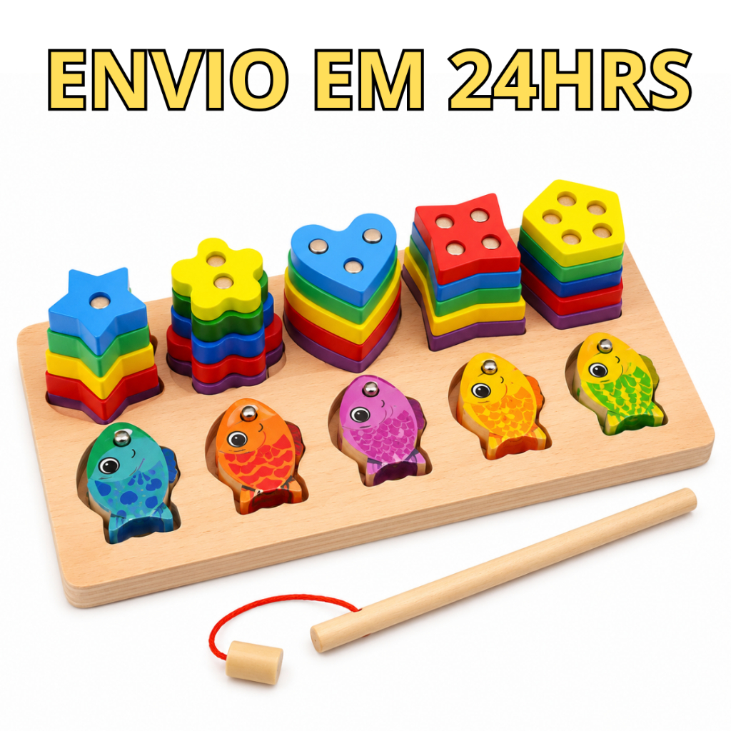 Brinquedo Montessori Madeira Pesca Magnética e Encaixe Geométrico Educativo