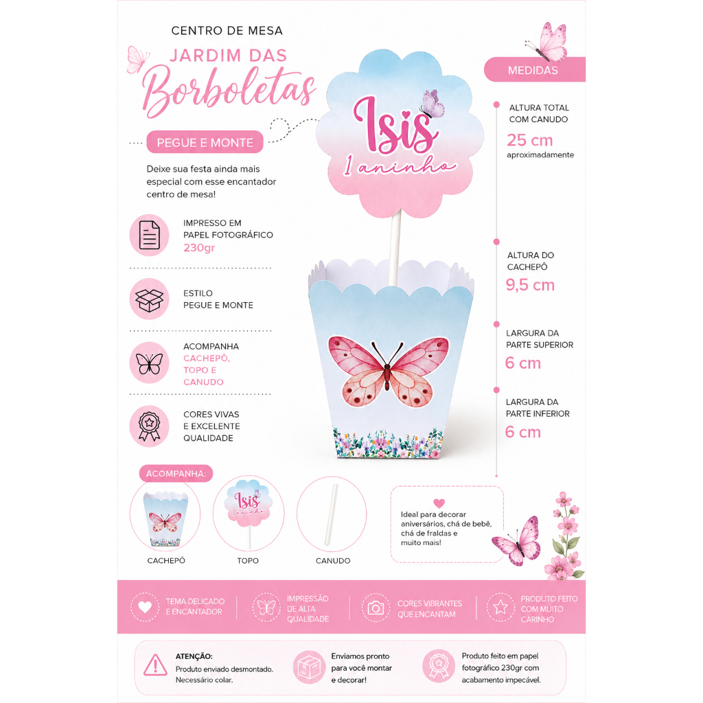 Centro de mesa personalizado Lembrancinha de mesa Cachepo personalizado Jardim das borboletas (PEGUE E MONTE)