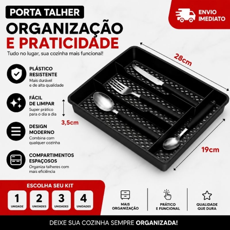 Porta Talher Organizador Preto | Divisória de Talheres Resistente Cozinha Kit 1 até 4 Unidades