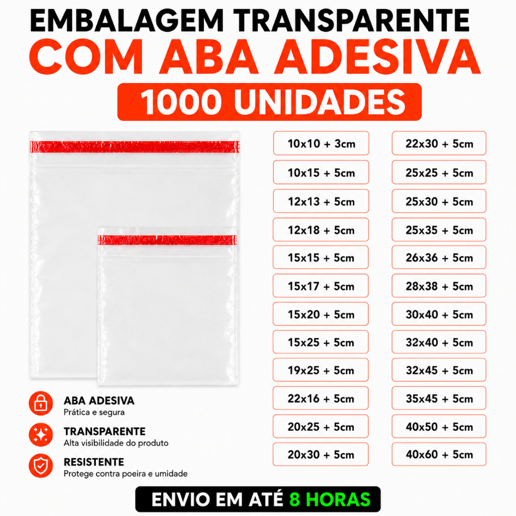 Saco Adesivado Transparente 1000un PP Variedades Papelarias Roupas Artesanatos Uso Geral Qualidade