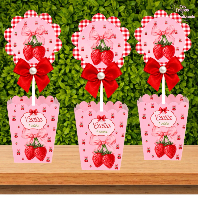 kit CENTRO DE MESA MORANGO ROSA Cachepô | Com Nome e Idade Personalizado Para Festa Lembrancinha |Luxo| MORANGUINHO