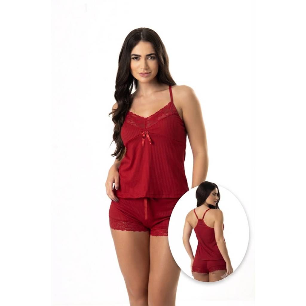 Baby Doll Short Doll Microfibra Canelada Nadador com Renda Camisete PIjama Feminino Verão Baby Dool