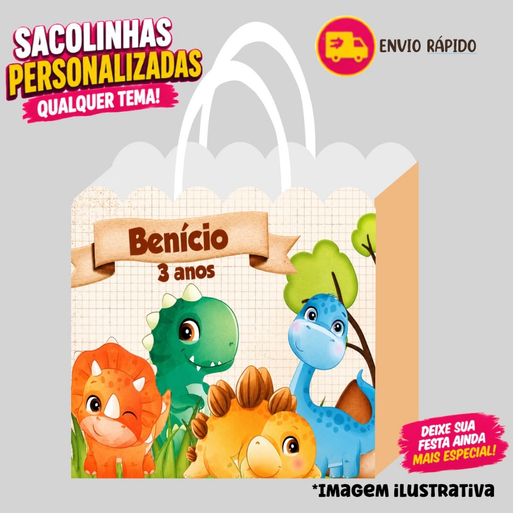 Sacolinha DINOSSAURO BABY CUTE Personalizados | Sacolinha | Lembrancinha | Mimos | Aniversário (PEGUE E MONTE)