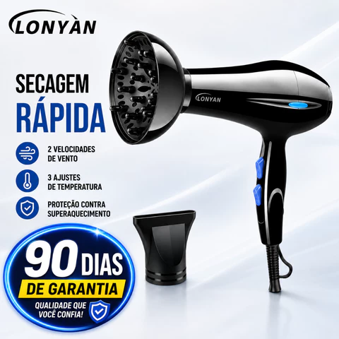 Secador Profissional com Difusor 127V ou 220V 5 Temperaturas Turbo Íons Negativos Secagem Rápida Anti-Frizz LONYAN 8020