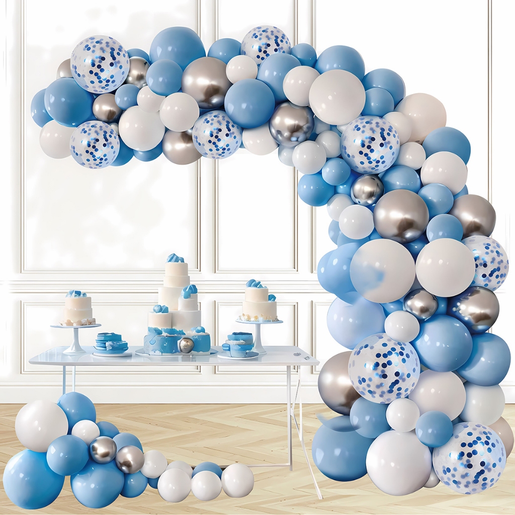 Kit 105 Balões Bexiga Arco Azul Branco Prata Metalizado Festa Aniversário Chá de Bebê com Suporte