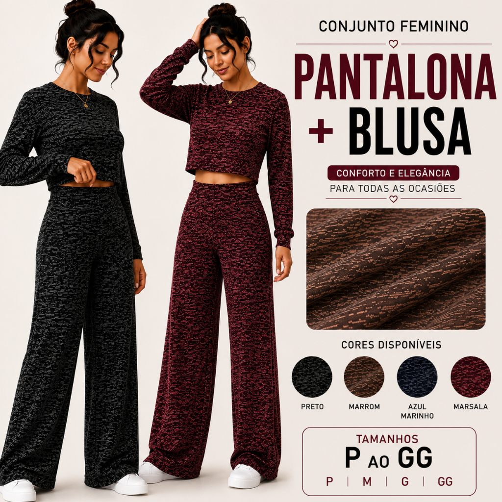 Conjunto Feminino Inverno Malha Rib Premium - Calça Pantalona + Blusa Manga Longa Frio - P ao GG