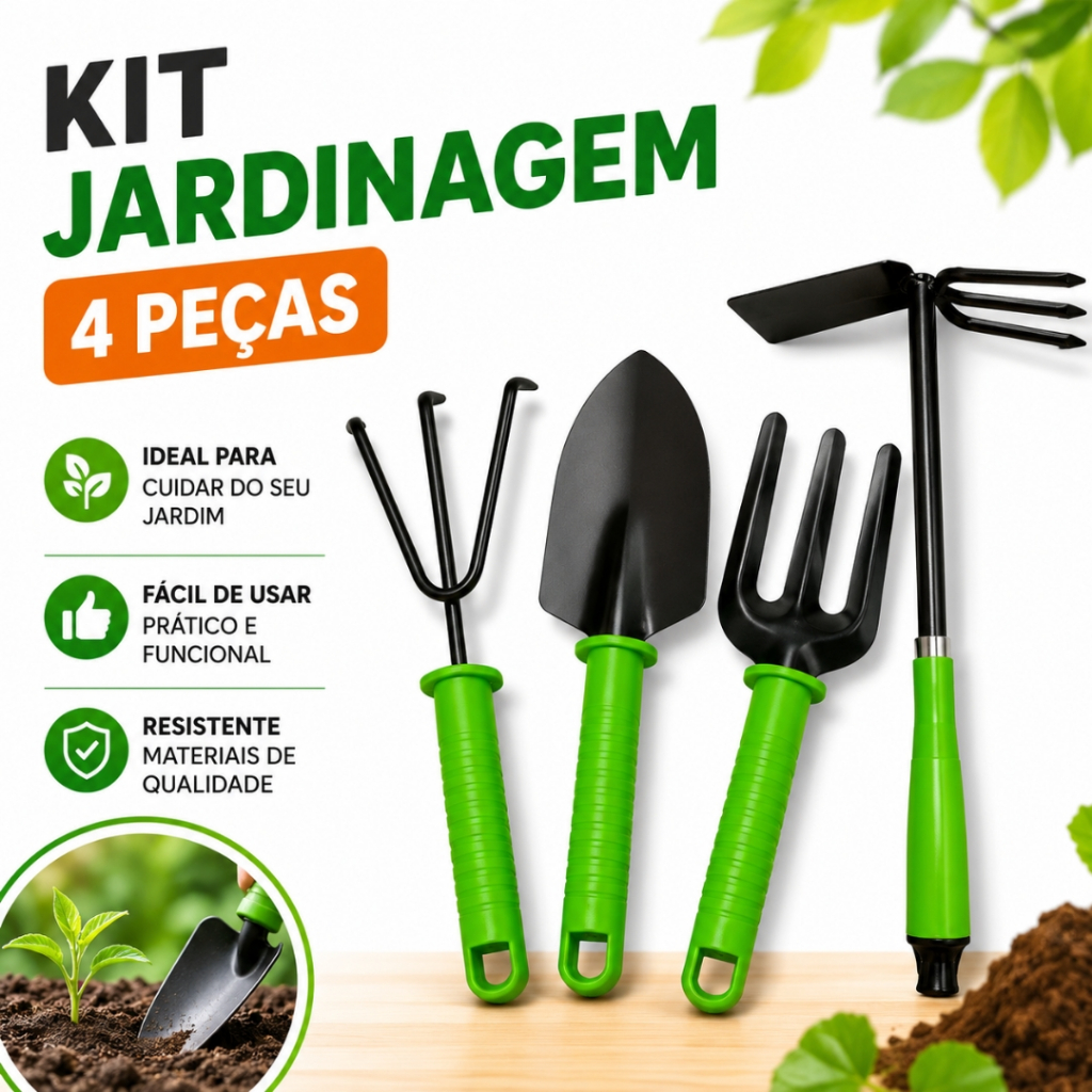 Kit Jardinagem 4 Peças Ferramentas para Plantas Hortas Jardim Ferro Resistente