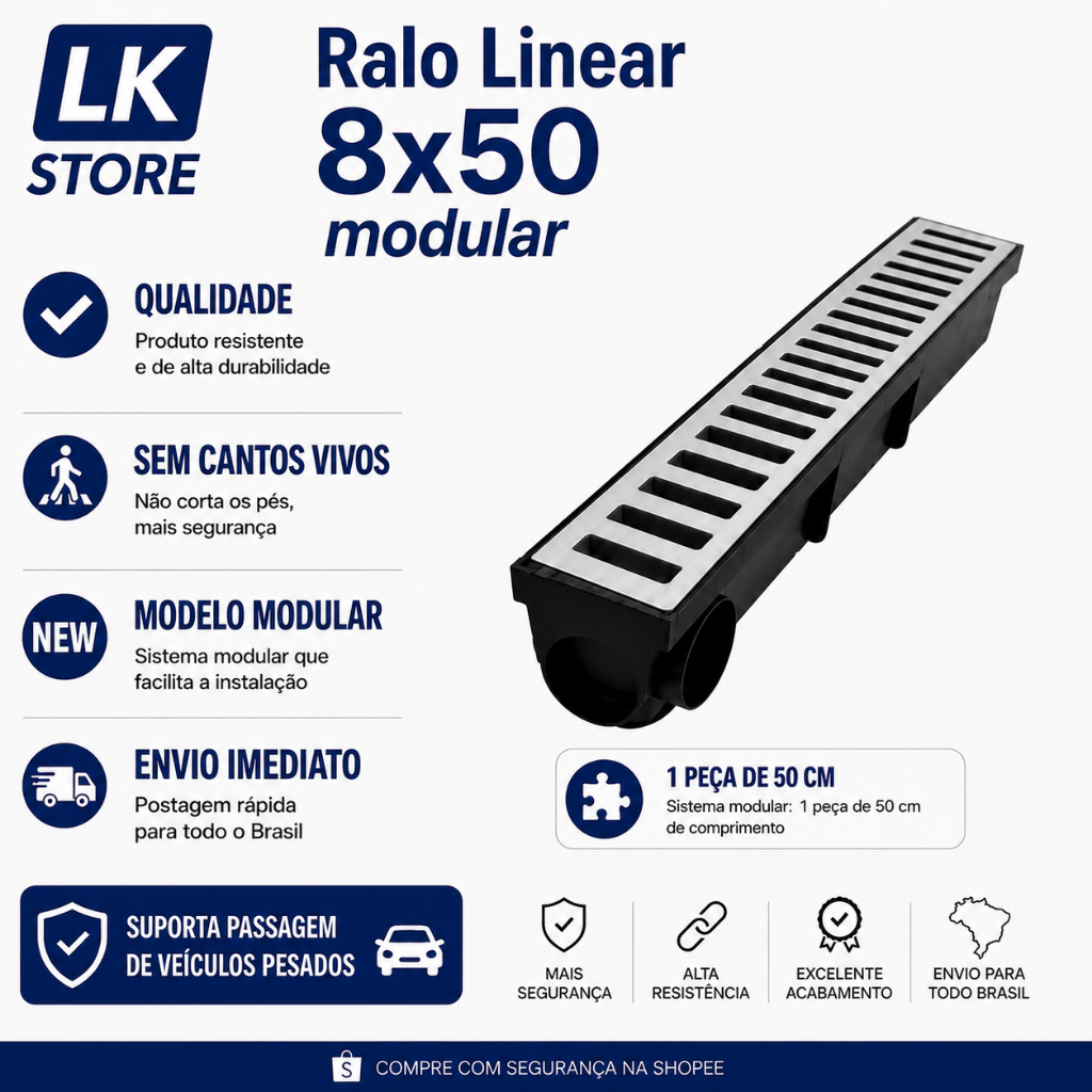 Ralo linear 8x50cm grelha + coletor garagem , área externa ( 1 peça de 50cm )