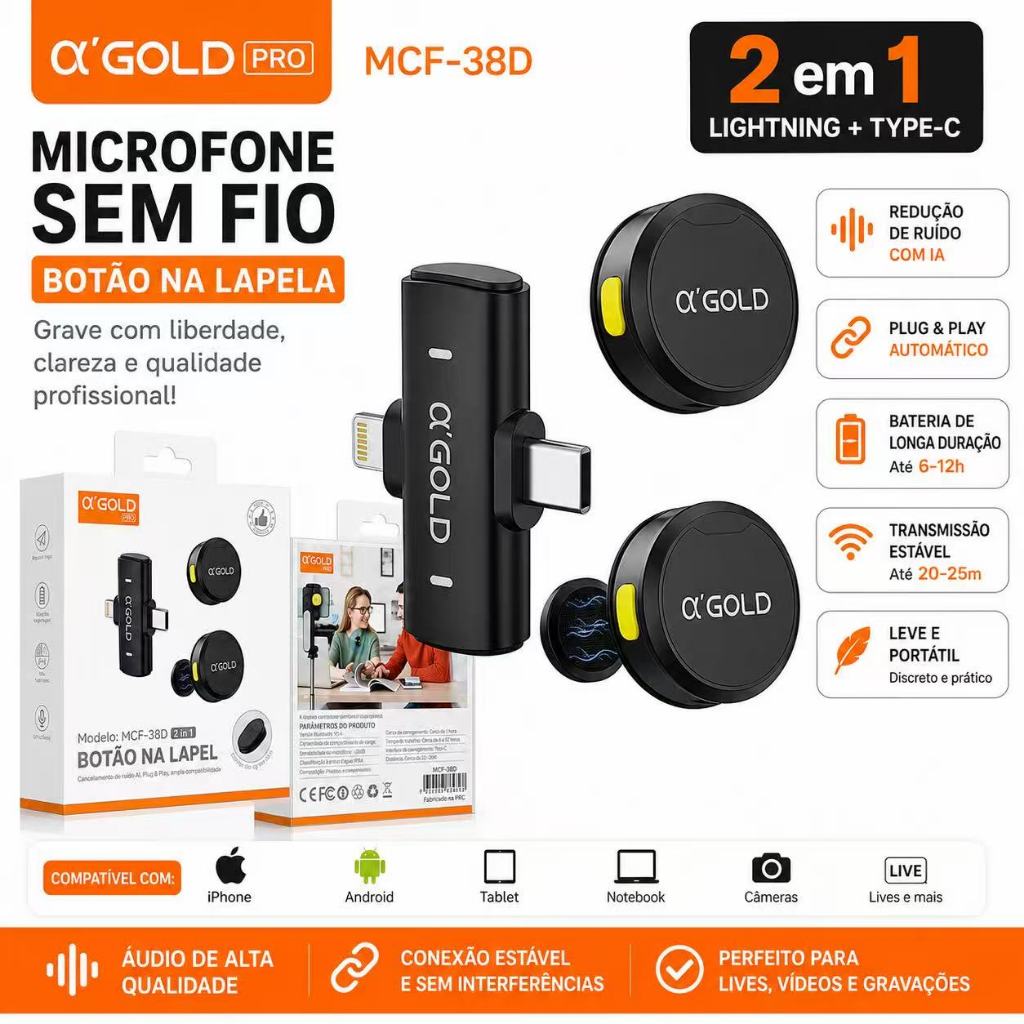 Microfone Sem Fio de Lapela Duplo Magnético 2em1 Lightning Tipo-C com Redução de Ruído Live Gravação