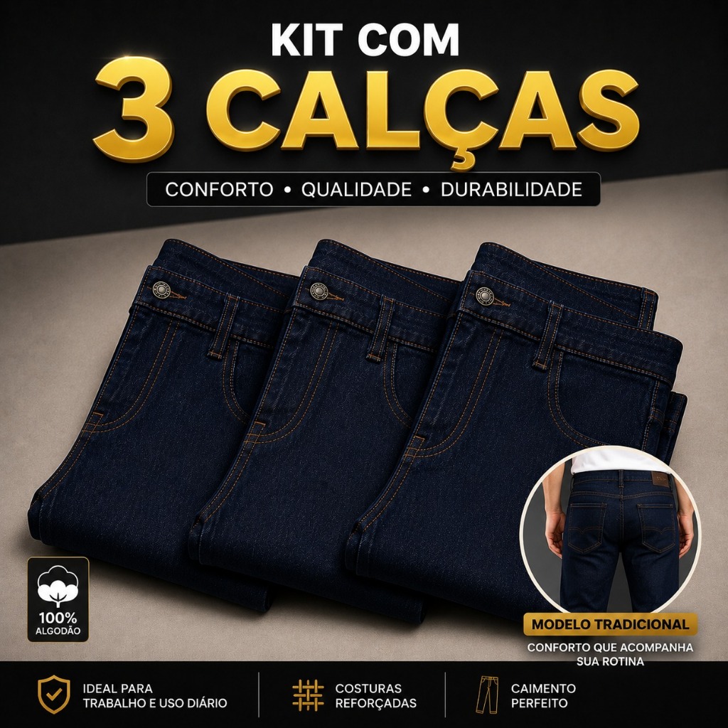 Kit Com 3 Calças Jeans Masculina Elastano Lycra laicra Trabalho Passeio Barata Promocional