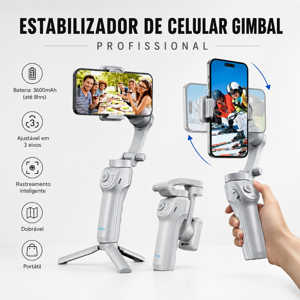 Estabilizador Celular Gimbal Portátil 3 Eixos Bluetooth IA Tripé Dobrável Profissional Ios Android