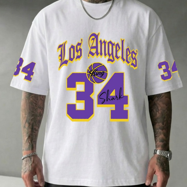 Camiseta Oversized Los Angeles 34 Estampa Basketball Roxo e Amarelo Masculina Feminina Streetwear