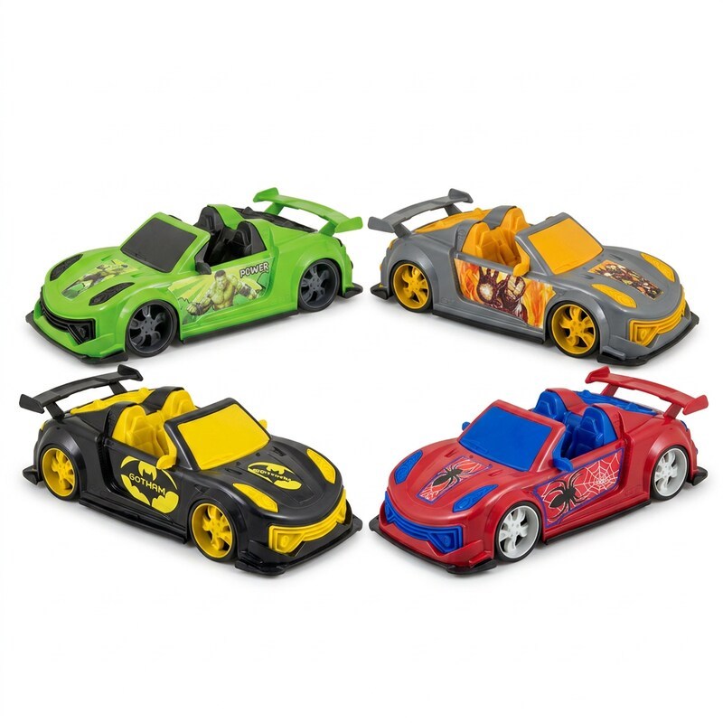 Kit 4 Carrinhos de Brinquedo Heróis Vingadores Homem-Aranha, Homem de Ferro, Batman e Hulk | Tamanho 38cm | QUEEN SHOP