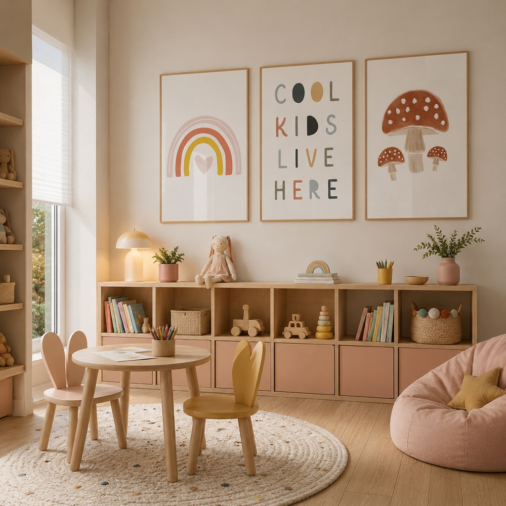 3 Quadros Decorativo Infantil Jardim dos Cogumelos Encantados Quarto Brinquedoteca