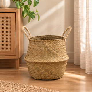 Cesto Cachepot Decorativo Organizador Multiuso Dobrável Em Seagrass Trançado Grande Com Alça