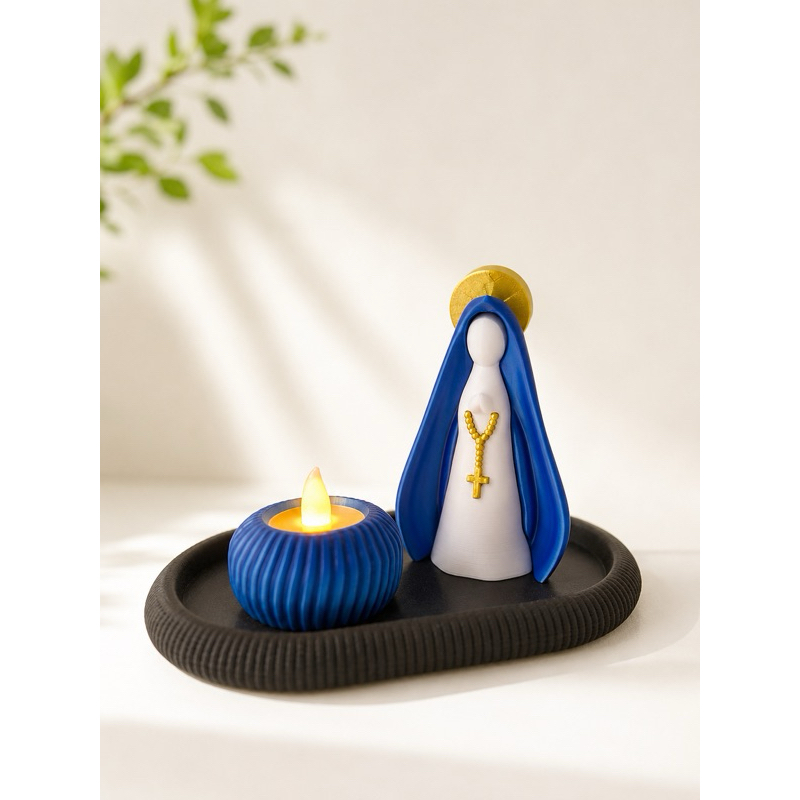Kit Cantinho de Oração Nossa Senhora com Vela LED e Bandeja Decorativa | Decoração Religiosa em PLA 3D