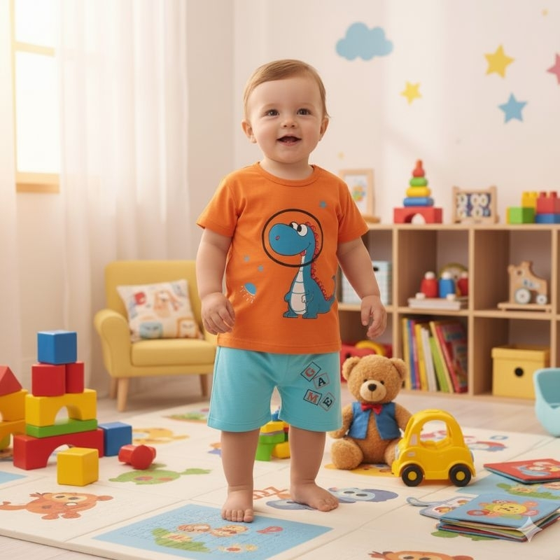 2 Peças Conjunto Dinossauro Menino 3-6 Meses Espacial Camiseta + Shorts