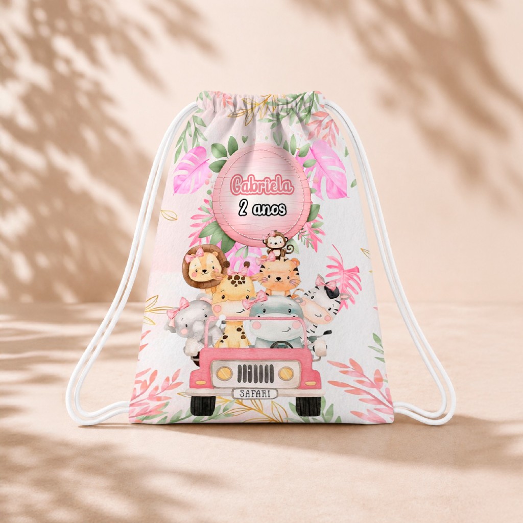10 Mochila Personalizada Infantil 18x26 Sacolinhas Surpresa Festa Aniversário Lembrancinha Safari Aquarela Rosa