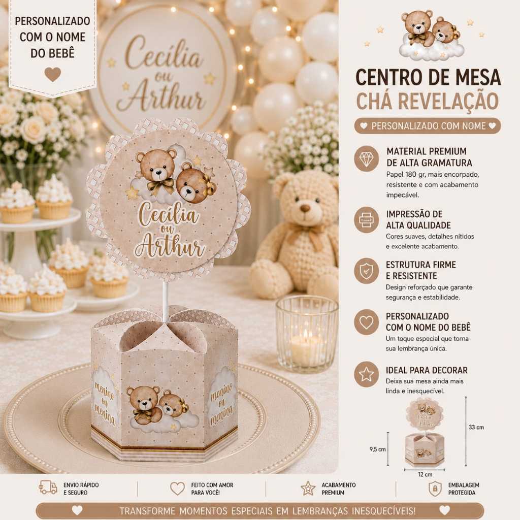 ENVIO IMEDIATO-Kit 10-30 Centro de mesa Chá Revelação, Chá de bebe Festa Ursinho Neutro bege, TAM grande, Festa infantil
