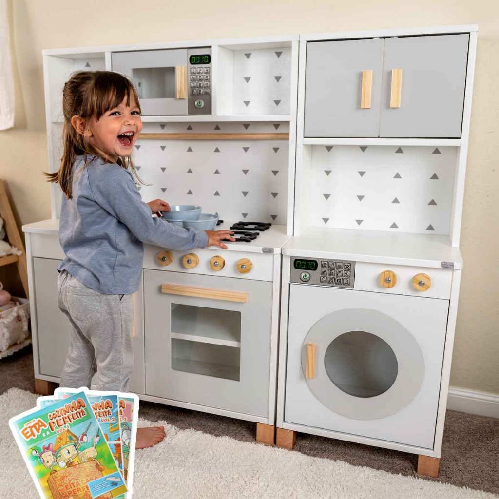 Cozinha Infantil Máquina de Lavar Madeira Cinza Brinquedo Faz de Conta Chef Pedagógico Mo…