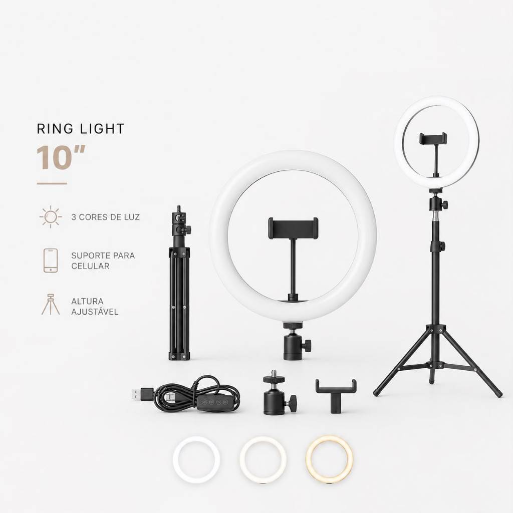 Ring Light Iluminador Anel Luz Polegadas 10 com Tripé Ajustável Praticidade iluminador Ring Premium
