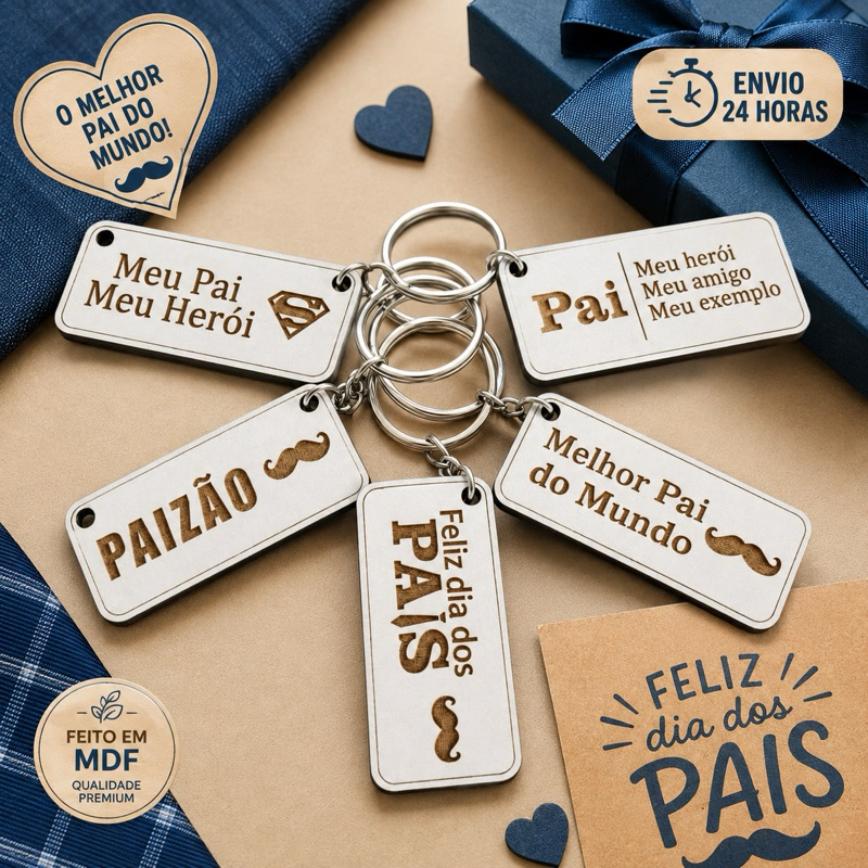 Kit Chaveiros Dia dos Pais MDF Branco 10 30 50 100 Un Lembrancinha Brinde Presente