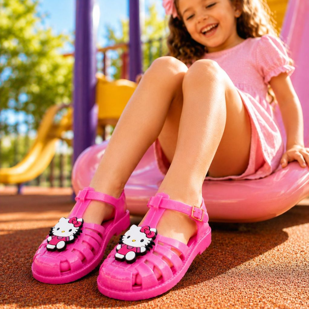 Sandália Infantil Menina Melissinha Hello Gatinha Kitty Delicada Fivela Volta Às Aulas Promoção