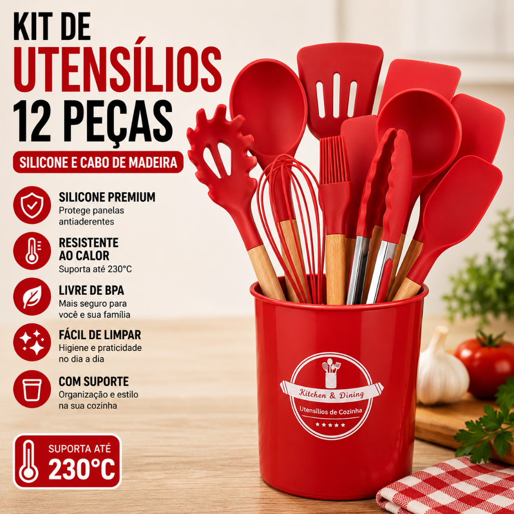 Kit Utensílios de Cozinha Silicone 12 Peças Cabo de Madeira com Suporte para Panelas Antiaderentes Vermelho