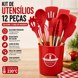 Kit Utensílios de Cozinha Silicone 12 Peças Cabo de Madeira com Suporte para Panelas Antiaderentes Vermelho