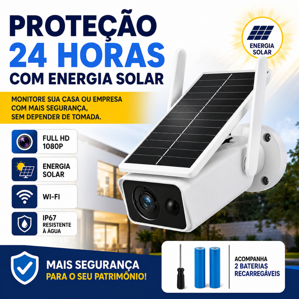 Câmera de Segurança Wi-Fi Solar Full HD 1080p Externa IP67 Recarregável Visão Noturna Sensor de Movimento