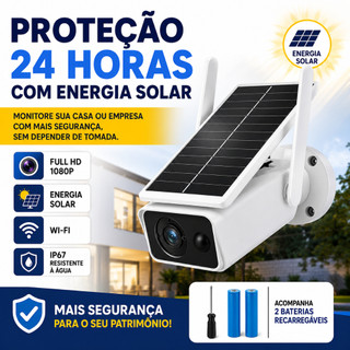 Câmera de Segurança Wi-Fi Solar Full HD 1080p Externa IP67 Recarregável Visão Noturna Sensor de Movimento