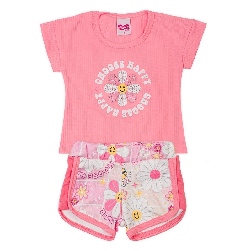 Conjunto Infantil Feminino Blusa Canelada e Short Estampado