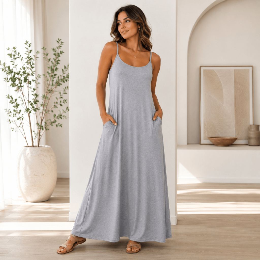 Vestido Longo Cinza Verão 2027 de Viscolycra Feminino Alcinha Com Bolsos Casual Confortável Soltinho Estiloso