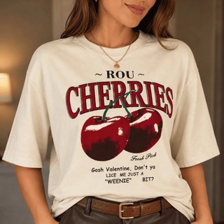 Camiseta Feminina Oversized Estilosa Estampada Cherries - 100% Algodão Academia Premium