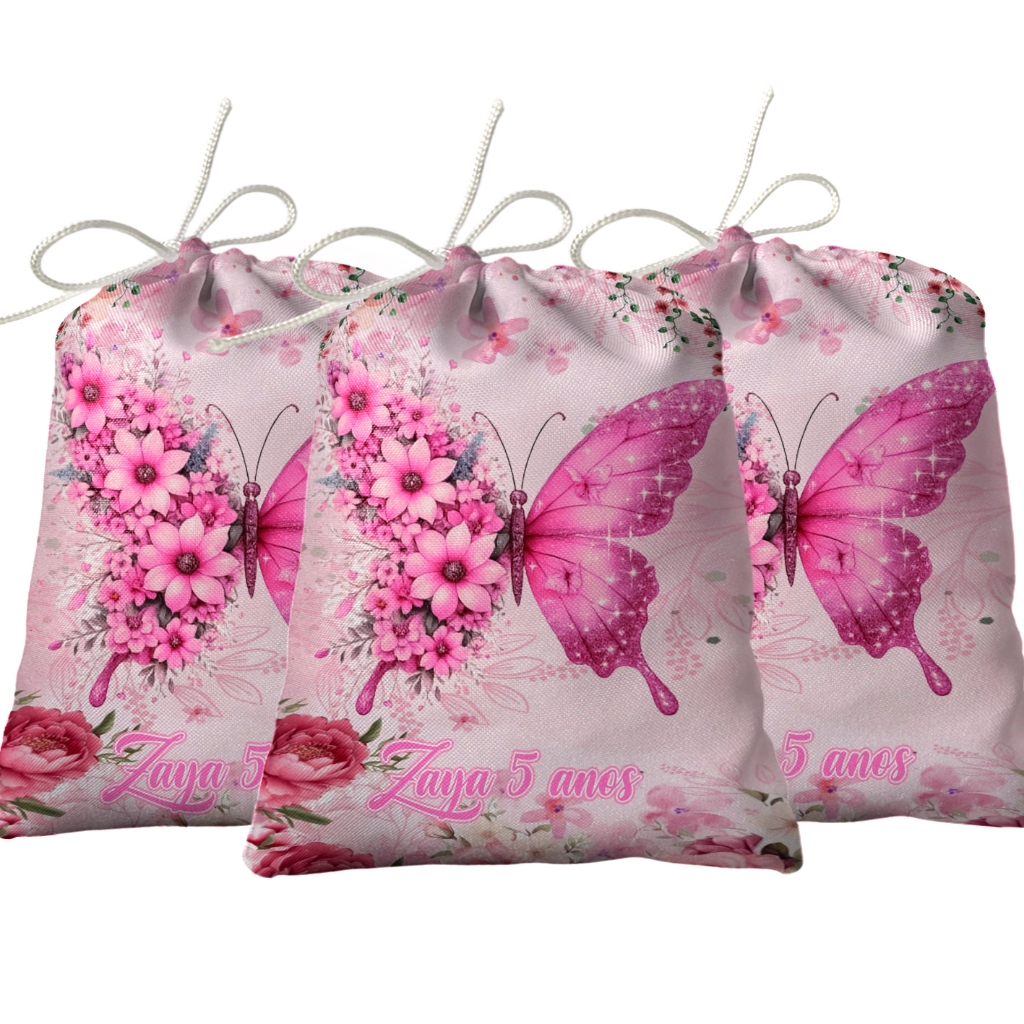 Sacolinha Lembrancinha Festa Aniversário Surpresa Tecido Personalizado Borboleta Floral