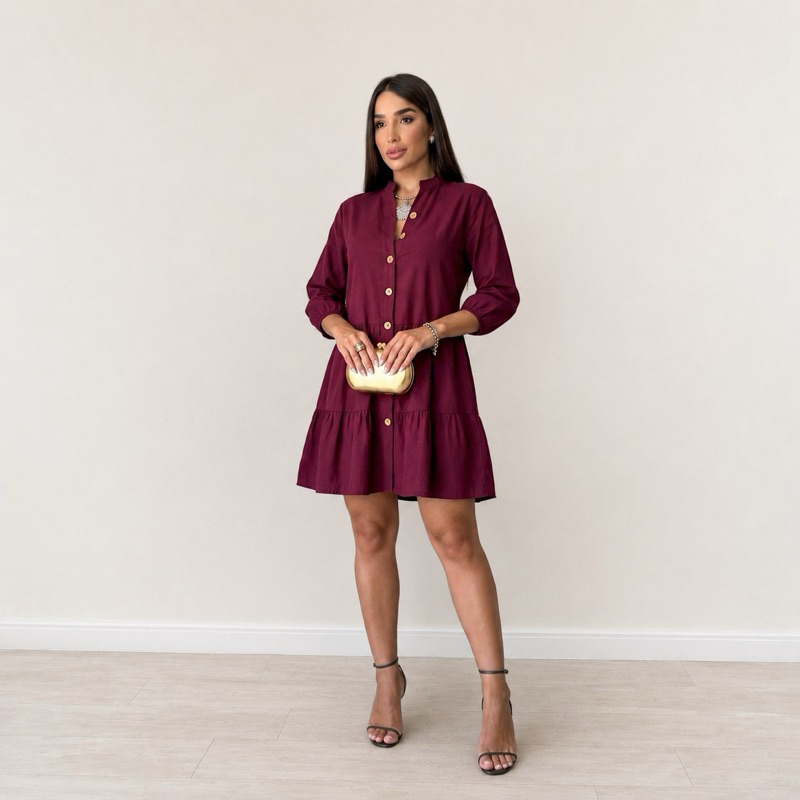 Chemise Bata Midi Feminino De Linho Premium Com Botões e Manga Longa Moda Evisu