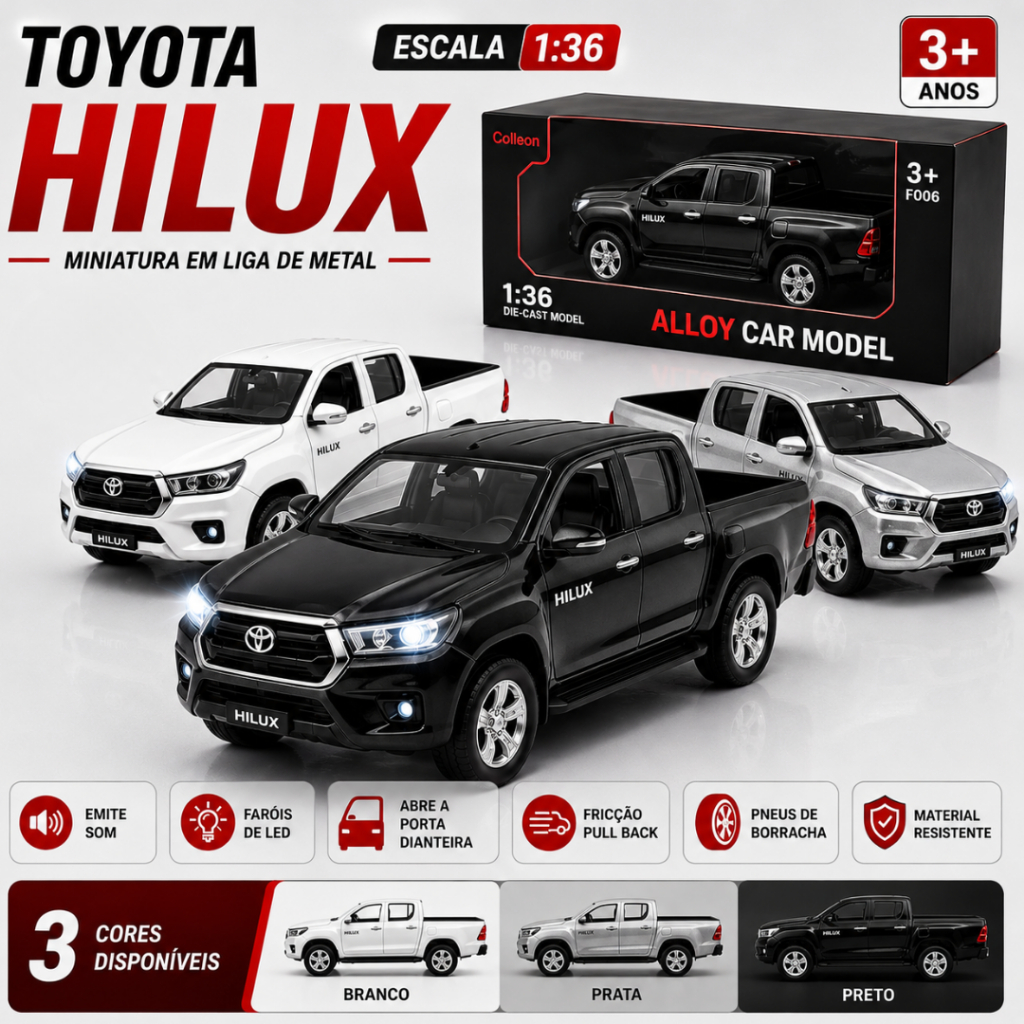 Miniatura Hilux escala 1/36 Painel Luz e Som Toyota  Carro Carrinho Colecionadores Metal