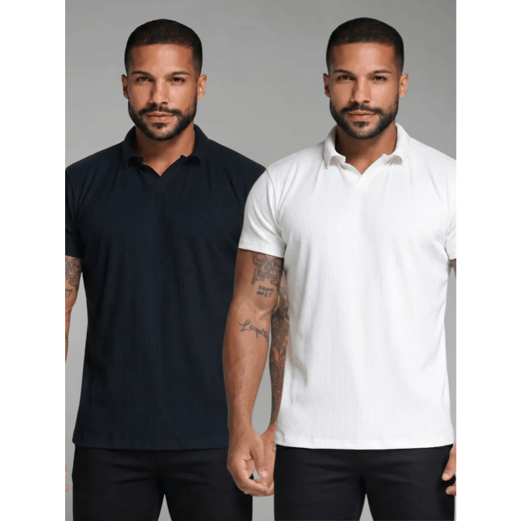 Kit 2 Camisa Polo Italiana Gola Decote em V Malha Canelada Camiseta Texturizada