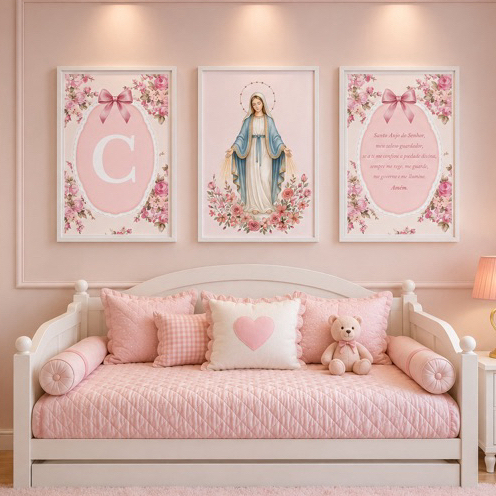 Kit 3 Quadros Decorativos Infantil Religioso Católico Santa Nossa Senhora das Graças Oração Santo Anjo COM MOLDURA