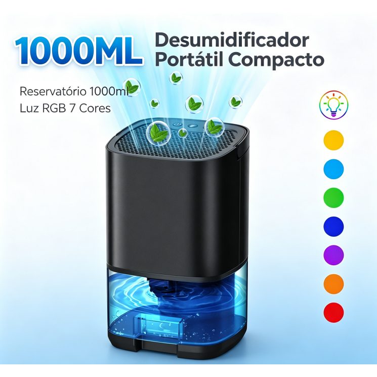 Desumidificador Portátil Compacto com Reservatório 1000ml, Luz