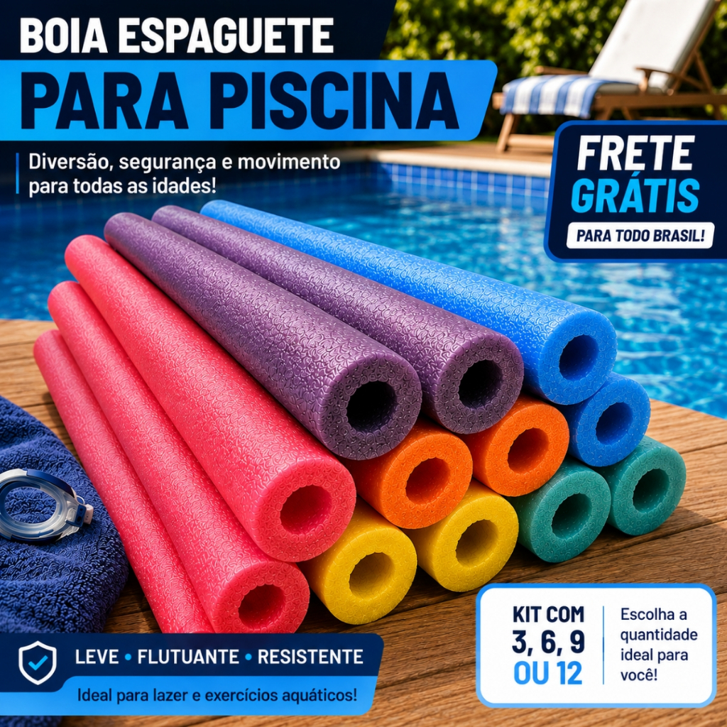Kit 3 / 6 / 9 / 12 Boia Espaguete Flutuador Macarrão Para Piscina Água Cores Sortidas Com Furo ou Sem Furo
