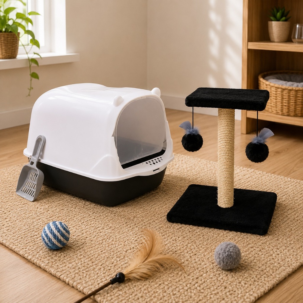 Kit Conjunto Caixa De Areia Banheiro Gato Com Pá Higiênica + Arranhador em Sisal Preto Relcom