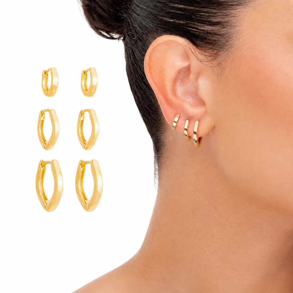 Trio Brinco Argola Click Banhado em Ouro 18K Navete