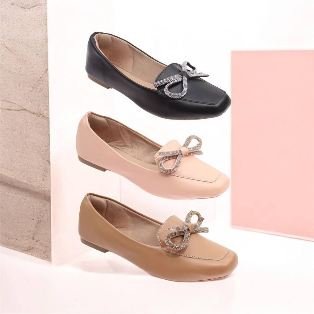Mocassim Feminino Bico Quadrado com Laço Strass Confortável Casual Elegante Trabalho Dia a Dia Vellor Shoes