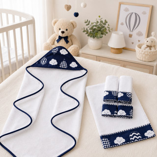 Kit Toalha de Banho Bebê 70x70 cm com Capuz Forrado + 5 Toalhinhas Atoalhadas 20x30 cm 6 Peças
