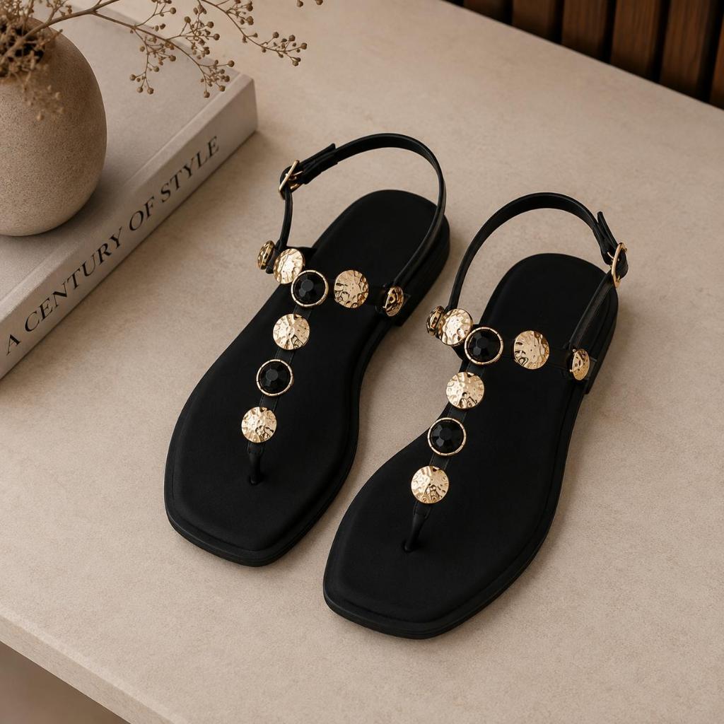 Sandália Feminina Rasteira Elegante Bico Quadrado Pedrarias Luxo Casual Confortável