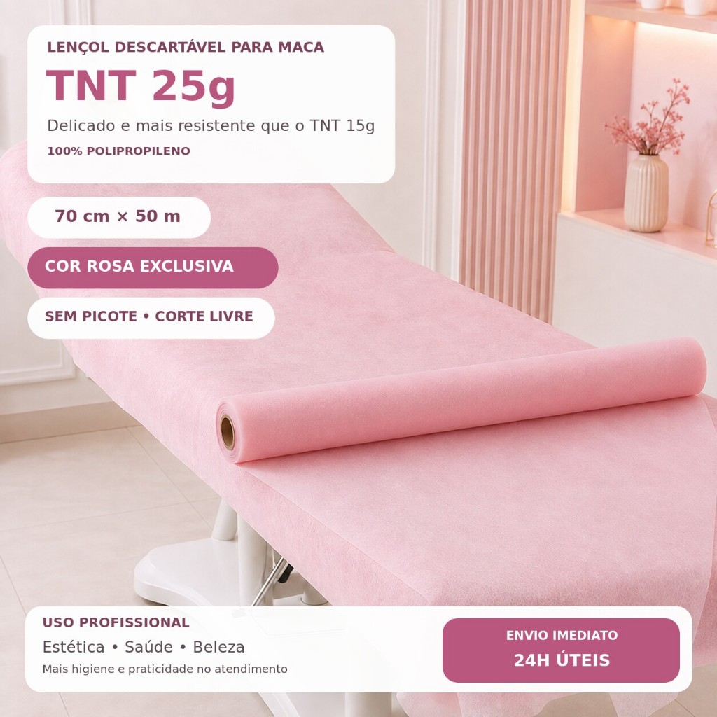 Lençol Descartável TNT 25g Rosa Claro Bobina 50m × 69cm | Estética, Saúde e Beleza
