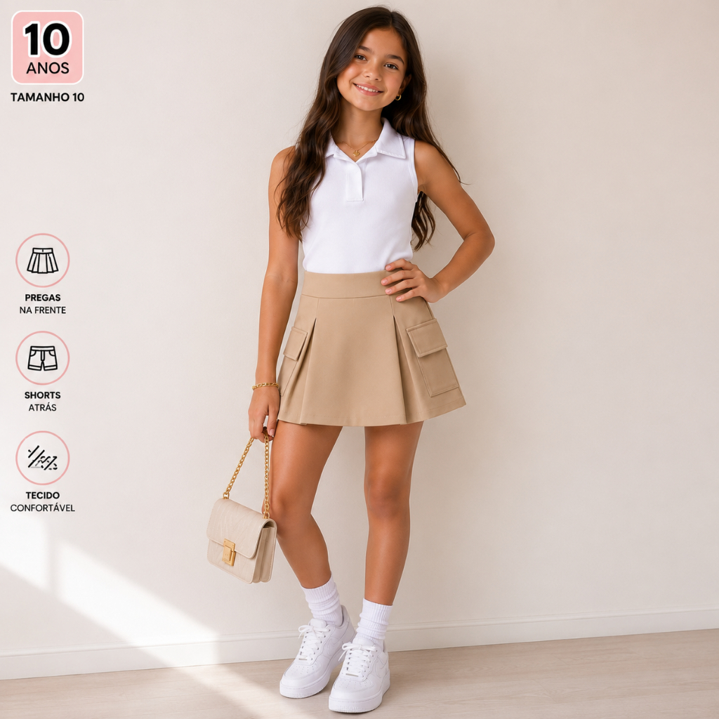 conjunto infantil juvenil blusa gola  e saia cargo com bolso lateral estiloso