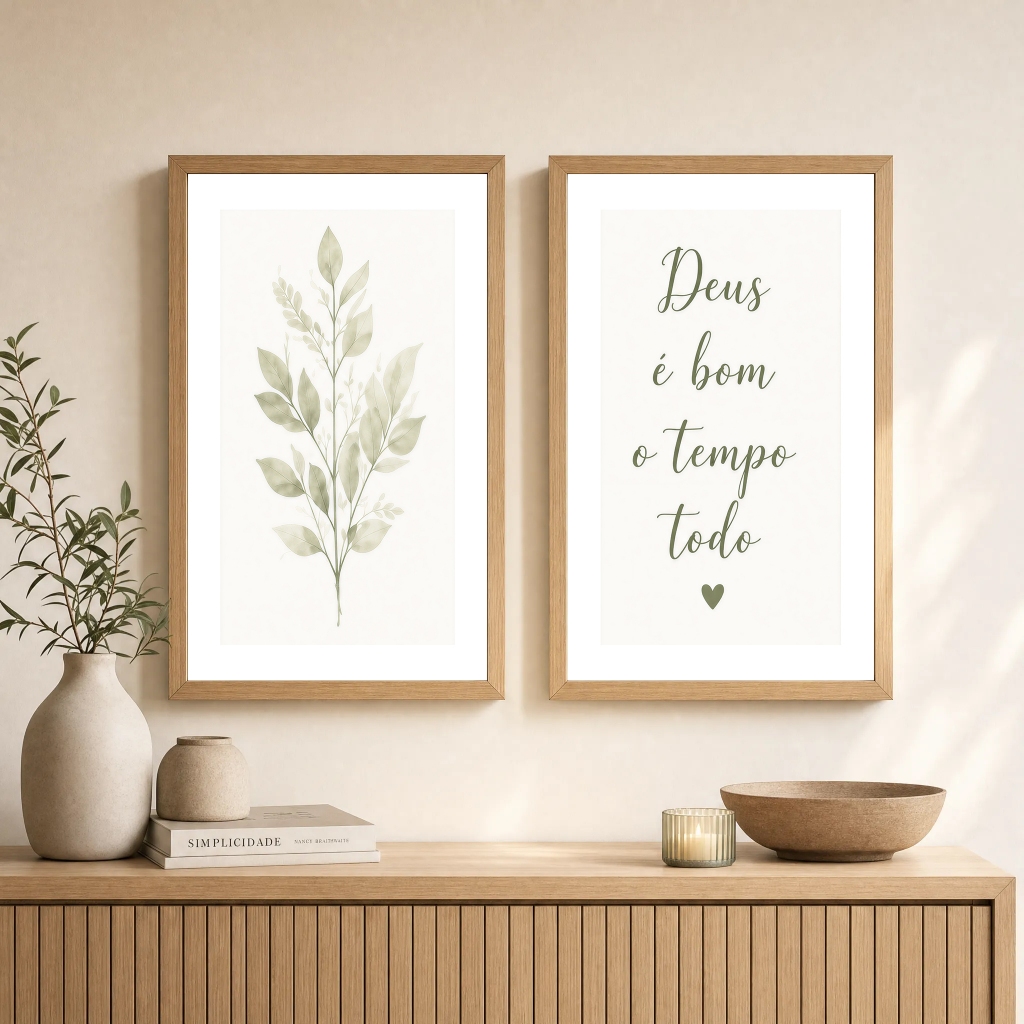 Kit 2 Quadros Decorativos Abstrato Folhagens Neutro Deus é bom o tempo todo Moldura e Vidro Sala